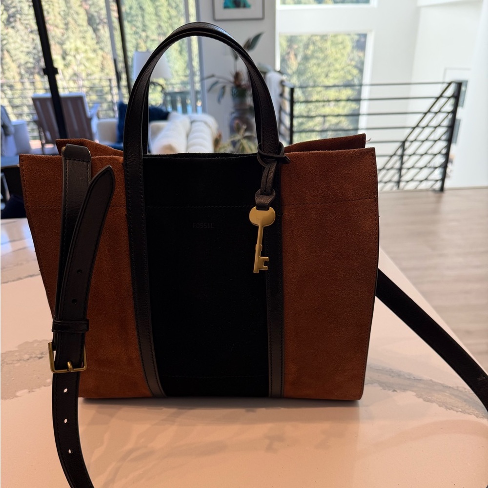 Fossil Suede Tote in Black and Brown